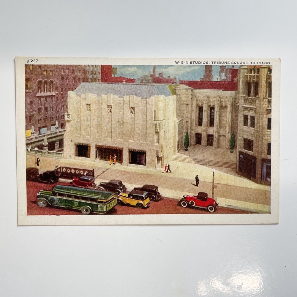 Chicago Illinois c1930's W G N Radio Studios, Tribune Square, vintage car, bus